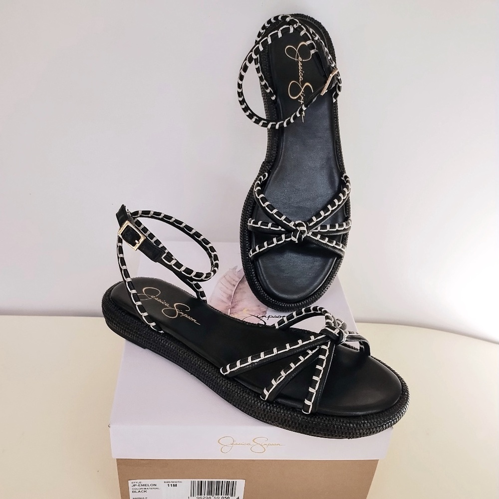 NEW Jessica Simpson Sandals JP-EMELON  Black & White Flat Ankle Straps